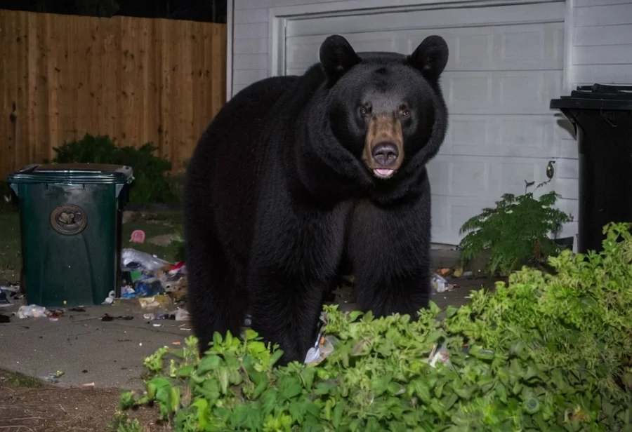 a night security-camera photo of a large black bear among knocked-over trash cans in a backyard