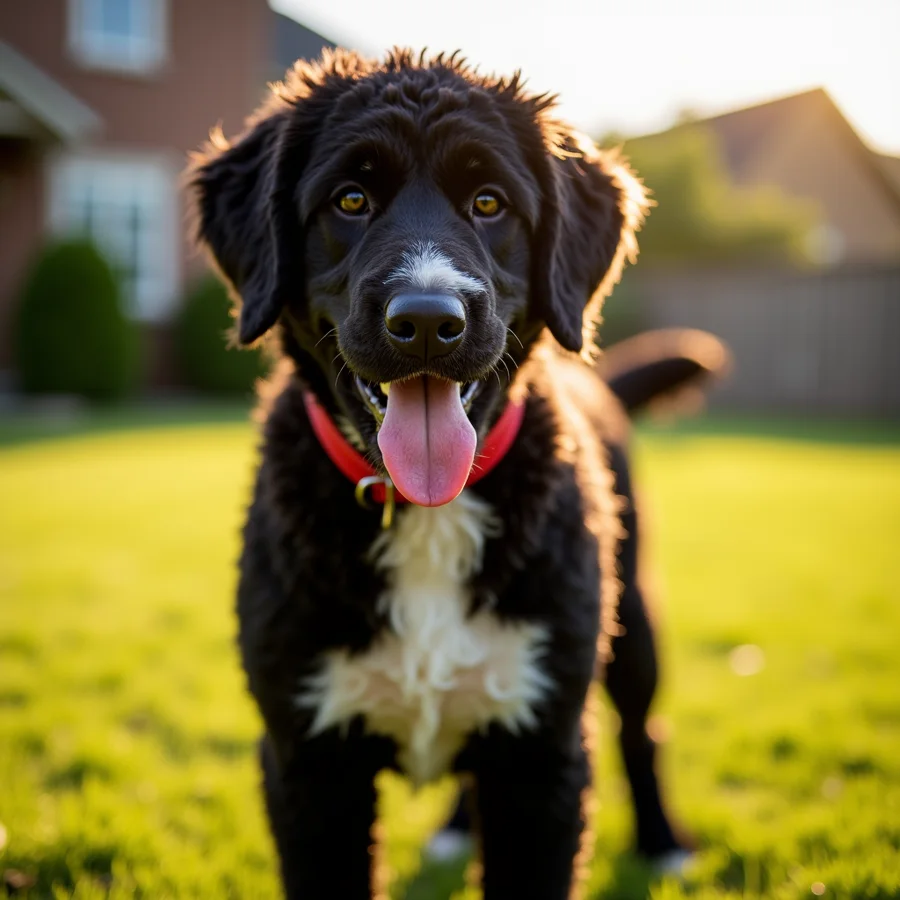a candid photo of a black curly-coated dog with a white chest patch and a red collar, centered and facing the camera