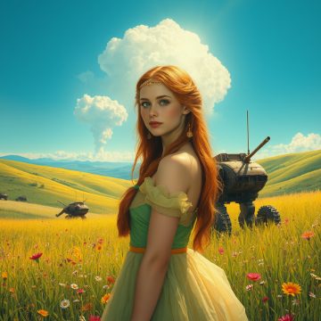 Generated portrait: a red-haired princess in a sunlit meadow with a distant mushroom cloud and wrecked war-mechs