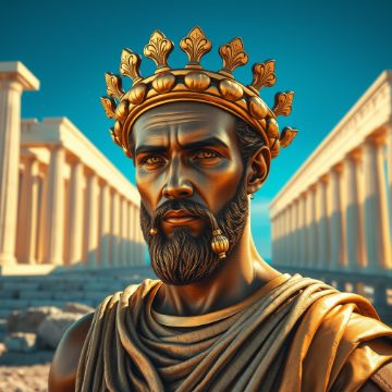 Generated portrait: a bronze-clad oracle-champion crowned in gold laurel