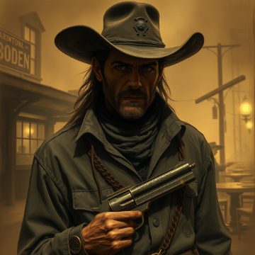 Generated portrait: a hexslinger in a road-dust duster with a hex-iron revolver