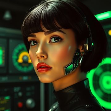 Generated operative portrait: a woman with chrome cheek-plating, lit CRT-green