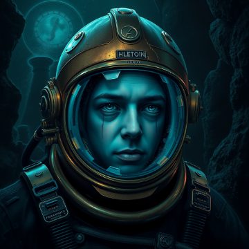 Generated portrait: a deep diver in a cracked brass helm leaking light